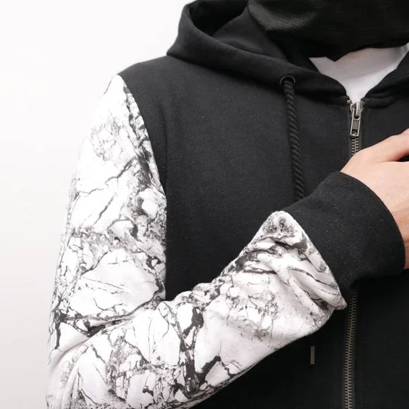 Black Zip Up Hoodie with White Marble Texture Graphic Sleeves - Size S - Picture 2 of 3